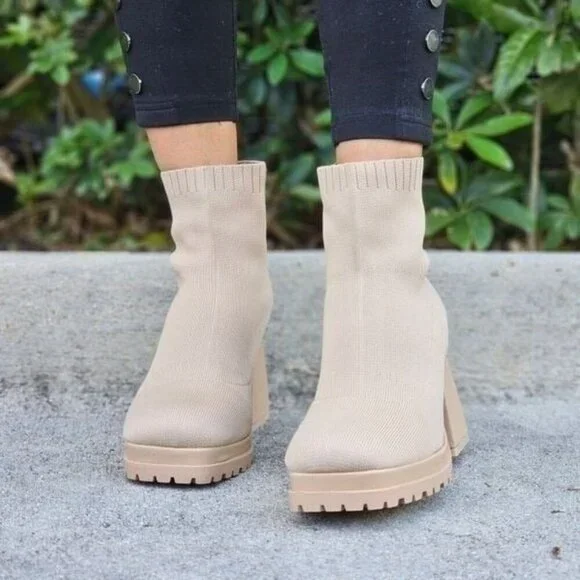 Women's Chunky Block Heel Sock Boots Nude Color - Picture 3 of 6